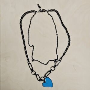 Black Chain Necklace with Blue Heart Pendant